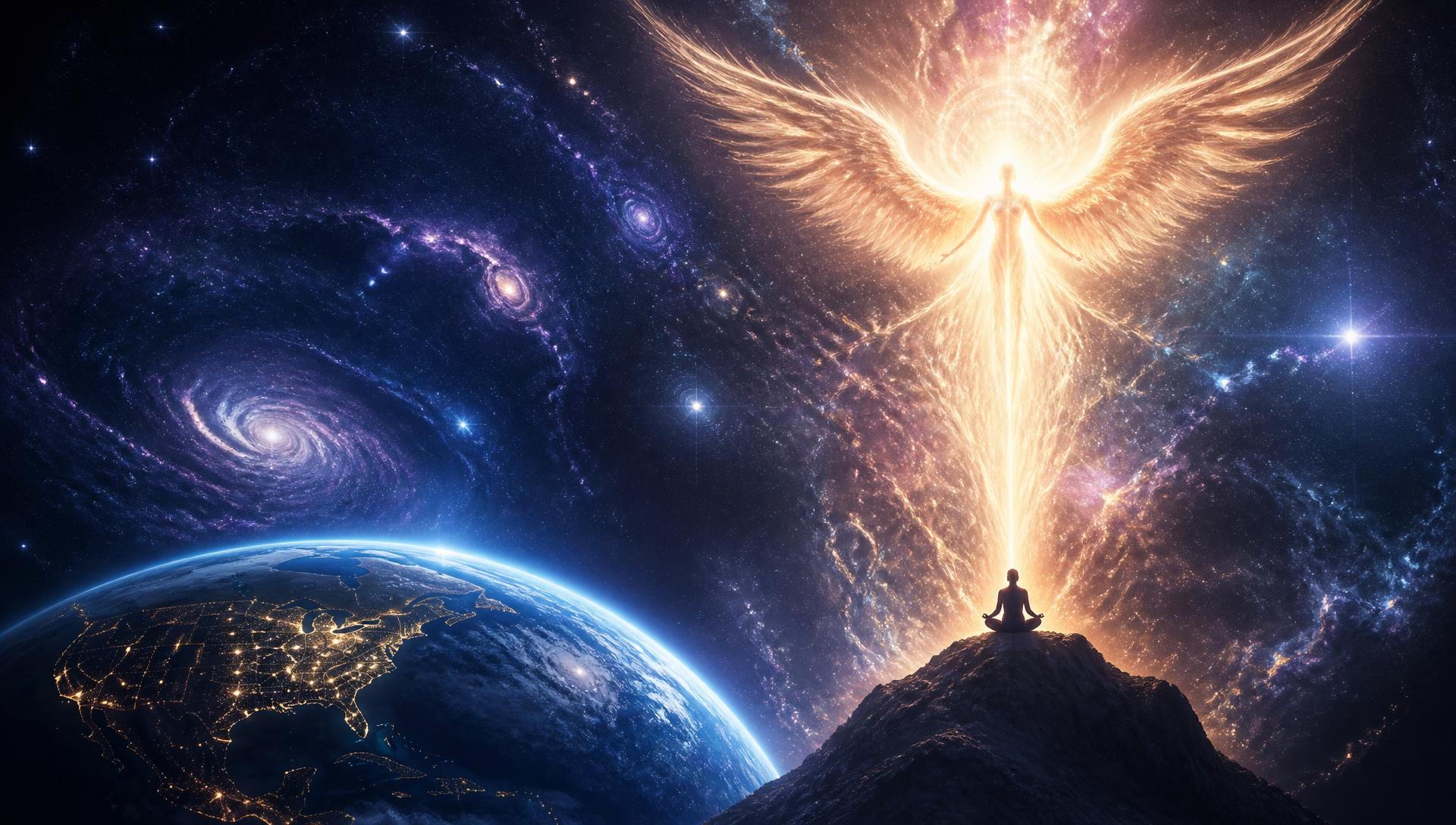 A figure meditating beneath a column of golden light with Earth and galaxies in deep space